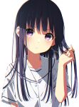  1girl bangs black_hair brown_nails closed_mouth commentary_request eyebrows_visible_through_hair hand_up highres long_hair looking_at_viewer mamyouda original sailor_collar school_uniform serafuku shirt short_sleeves signature simple_background solo upper_body violet_eyes white_background white_sailor_collar white_shirt 