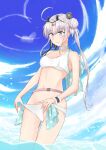  1girl ahoge akitsushima_(kancolle) bikini blue_sky breasts clouds commentary_request cowboy_shot grey_hair hair_bun kantai_collection long_hair looking_down medium_breasts nuko_(phylactery) side_ponytail sidelocks sky soaking_feet solo standing swimsuit violet_eyes white_bikini wristband 