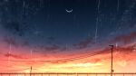  clouds colorful gradient_sky highres lens_flare moon multicolored multicolored_background no_humans original power_lines railing rain rune_xiao scenery sky star_(sky) starry_moon starry_sky sunset twilight utility_pole 