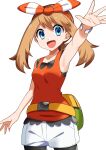  1girl absurdres arm_up armpits bandana blue_eyes breasts brown_hair cowboy_shot fanny_pack highres long_hair may_(pokemon) open_mouth outstretched_arm pokemon pokemon_(game) pokemon_oras red_tank_top shorts solo tank_top white_shorts yuihico 