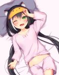  1girl ;o animal_ears bangs bed_sheet black_hair blush cat_ears commentary_request eye_mask eyebrows_visible_through_hair green_eyes hair_between_eyes highres holding karyl_(princess_connect!) long_hair long_sleeves looking_at_viewer low_twintails lying midriff multicolored_hair navel one_eye_closed pajamas princess_connect! sidelocks solo streaked_hair tamariyazuna twintails two-tone_hair waking_up 