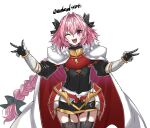  1boy armor artist_name astolfo_(fate) braid braided_ponytail commentary_request cowboy_shot eyebrows_visible_through_hair fang fate/apocrypha fate_(series) hair_between_eyes haoro long_hair looking_at_viewer one_eye_closed open_mouth otoko_no_ko pink_hair simple_background skin_fang smile tongue twitter_username v violet_eyes watermark white_background 