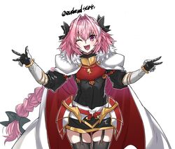  1boy armor artist_name astolfo_(fate) braid braided_ponytail commentary_request cowboy_shot eyebrows_visible_through_hair fang fate/apocrypha fate_(series) hair_between_eyes haoro long_hair looking_at_viewer one_eye_closed open_mouth otoko_no_ko pink_hair simple_background skin_fang smile tongue twitter_username v violet_eyes watermark white_background 