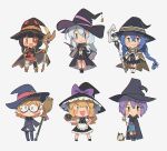  1boy 6+girls absurdres apron blonde_hair broom cat character_request copyright_request cosplay crossover eyepatch hat highres kirisame_marisa kita_high_school_uniform kono_subarashii_sekai_ni_shukufuku_wo! little_witch_academia lotte_jansson master_spark megumin multiple_girls mushoku_tensei nagato_yuki porforever roxy_migurdia school_uniform shamisen_(suzumiya_haruhi) staff suzumiya_haruhi_no_yuuutsu touhou trait_connection witch witch_hat 