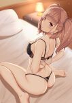  1girl atlanta_(kancolle) black_bra black_panties bra breasts brown_hair earrings grey_eyes highres indoors jewelry kantai_collection large_breasts long_hair on_bed panties pillow sitting sitting_on_bed solo star_(symbol) star_earrings two_side_up underwear underwear_only wariza zuki 