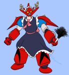 alternate_costume blue_background commentary dragon_horns duster english_commentary enmaided frills full_body getter_dragon getter_robo getter_robo_g highres horns kobayashi-san_chi_no_maidragon maid maid_headdress mecha no_humans parody pun signature simple_background solo spikes theanomalocaris twitter_username yellow_eyes 