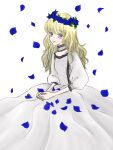  1girl blonde_hair blue_eyes blue_flower blue_rose dress flower head_wreath hsia-1101-1206 neckwear original petals rose solo white_background white_dress 