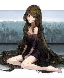  1girl absurdly_long_hair alternate_hair_length alternate_hairstyle barefoot between_legs black_dress blue_eyes brown_hair closed_mouth dress full_body green_eyes hand_between_legs heterochromia highres idolmaster idolmaster_cinderella_girls kusaba_eru_(happy_crystal) long_hair looking_at_viewer mole mole_under_eye off-shoulder_dress off_shoulder shiny shiny_hair short_dress sitting solo takagaki_kaede very_long_hair 