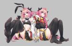  2boys absurdres animal_ears armor ass astolfo_(fate) astolfo_(saber)_(fate) bare_shoulders bow bowtie commentary_request detached_sleeves eyebrows_visible_through_hair fake_animal_ears fang fate/apocrypha fate/grand_order fate_(series) full_body gloves grey_background hair_between_eyes hair_bow haoro highres looking_at_viewer midriff multicolored_hair multiple_boys navel open_mouth otoko_no_ko panties pink_hair rabbit_ears simple_background sitting skin_fang smile streaked_hair thigh-highs tongue two-tone_hair underwear white_hair 