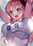  1girl :d arms_up blush breasts eyebrows_visible_through_hair green_eyes hololive large_breasts long_hair open_mouth pink_hair redcomet sakura_miko shirt smile sweat upper_body virtual_youtuber white_shirt 
