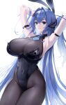  1girl animal_ears arm_strap armpits azur_lane bangs black_bodysuit black_leotard blue_eyes blue_hair blue_neckwear bodysuit breasts closed_mouth commentary covered_navel cowboy_shot crossed_bangs eyebrows_visible_through_hair fake_animal_ears hair_between_eyes headpiece highres kawauso_(ppdp7544) large_breasts leotard long_hair looking_at_viewer necktie new_jersey_(azur_lane) new_jersey_(exhilarating_steps!)_(azur_lane) official_alternate_costume playboy_bunny rabbit_ears short_necktie simple_background skin_tight smile solo very_long_hair white_background wing_collar 