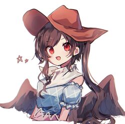  1girl bangs bare_shoulders blue_dress blue_sleeves brown_hair brown_headwear cowboy_hat dress eyebrows_visible_through_hair hair_between_eyes hat highres kurokoma_saki long_hair looking_at_viewer moshihimechan multicolored multicolored_clothes multicolored_dress off_shoulder open_mouth pink_dress plaid plaid_dress ponytail puffy_short_sleeves puffy_sleeves red_eyes scarf short_sleeves simple_background smile solo star_(symbol) touhou upper_body white_background white_neckwear white_scarf wings 