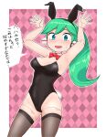  1girl android bare_shoulders blue_eyes breasts charu_(saru_getchu) green_hair headphones highres iegami joints long_hair looking_at_viewer open_mouth playboy_bunny ponytail robot_ears robot_joints saru_getchu smile solo standing thigh-highs 
