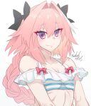  1boy artist_name astolfo_(fate) bare_shoulders bow braid braided_ponytail commentary_request eyebrows_visible_through_hair fang fate/apocrypha fate_(series) hair_between_eyes hair_bow haoro long_hair looking_at_viewer multicolored_hair otoko_no_ko pink_hair simple_background skin_fang smile solo streaked_hair swimsuit two-tone_hair upper_body violet_eyes watermark white_background white_hair 