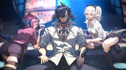  1boy 2girls ass au_ra bangs bar_stool bent_over black_bow black_footwear black_hair black_legwear black_pants black_skirt blurry blurry_background bow cocktail_glass collared_shirt cup dragon_horns dragon_tail dress_shirt drinking_glass english_commentary final_fantasy final_fantasy_xiv glasses hair_bow hide_(hideout) highres holding holding_cup horns indoors jewelry kneehighs leaning_on_table looking_at_viewer multiple_girls necklace open_mouth pants pink_hair pink_shirt pleated_skirt ponytail purple_shorts scales shirt shoes shorts sitting skirt sleeves_rolled_up smile smirk stool tail white_hair white_shirt wing_collar 