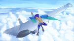  1girl :d above_clouds absurdres aircraft airplane barefoot bird_tail blue-tinted_eyewear blue_hair claws clouds commentary commission english_commentary fewer_digits flying goggles grey_jacket harpy highres jacket monster_girl open_mouth original short_hair smile solo spread_wings tail talons tinted_eyewear yoako 