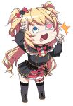  +tic_nee-san 1girl akai_haato bangs blonde_hair blue_eyes boots bow bowtie cameo chibi commentary_request eyebrows_visible_through_hair eyepatch finger_gun haaton_(akai_haato) hair_bow hair_ornament hairclip heart heart_hair_ornament highres hololive konnyaku_(kk-monmon) long_hair medical_eyepatch one_eye_covered open_mouth parody salute simple_background solo thigh-highs thigh_strap tongue tongue_out two-finger_salute virtual_youtuber white_background 