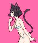  1girl absurdres animal_ears black_hair black_nails blue_bra blue_panties bomhat bra breasts cat_ears cat_girl cat_tail collar collarbone commentary cowboy_shot english_commentary finger_to_mouth from_side hand_up highres medium_breasts nail_polish original panties pink_background profile short_hair simple_background solo tail underwear underwear_only yellow_eyes 