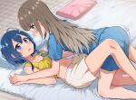  2girls blue_hair braid brown_hair couple highres long_hair lying misakino_kukuru miyazawa_fuuka multiple_girls na_bia navel on_bed shell_hair_ornament shiroi_suna_no_aquatope short_hair shorts yuri 