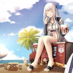  1girl ak-12_(girls_frontline) artist_request beach blue_sky breasts chair closed_eyes clouds collarbone commentary commission eating food_truck giant giantess girls_frontline ground_vehicle heel-less_footwear highres holding jacket medium_breasts motor_vehicle open_clothes open_jacket palm_tree ponytail second-party_source shaved_ice shore silver_hair sitting sky solo surfboard swimsuit table toeless_footwear toes tree truck umbrella 