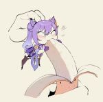  1girl banana bangs black_legwear blank_eyes blush chibi detached_sleeves dress eating food fruit genshin_impact gloves hair_cones highres keqing_(genshin_impact) long_hair minigirl nyantcha pantyhose photo-referenced purple_dress purple_gloves purple_hair simple_background solo_focus 