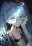  1girl aqua_hair black_background black_dress blue_eyes close-up commentary dress eye_focus eyes hair_between_eyes hair_over_shoulder half-closed_eyes hand_up hatsune_miku highres lips looking_at_viewer messy_hair painterly parted_lips portrait rsef solo twintails upper_body vocaloid 
