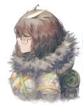  1girl absurdres ahoge arknights backpack bag bangs brown_hair closed_mouth feather_hair from_side fur fur_collar fur_trim glasses green_eyes hair_between_eyes highres jacket lips looking_away rsef short_hair silence_(arknights) simple_background solo strap upper_body white_background 