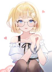  1girl bangs bare_shoulders black-framed_eyewear black_ribbon blonde_hair blue_eyes brown_legwear chain_necklace collarbone commentary cuffs earrings english_commentary eyebrows_visible_through_hair hair_ornament hairclip handcuffs hands_up heart heart_earrings highres hololive hololive_english jewelry key looking_at_viewer monocle_hair_ornament necklace off-shoulder_shirt off_shoulder official_alternate_costume one_side_up open_mouth own_hands_together pantyhose ribbon round_eyewear shiny shiny_hair shirt short_hair short_sleeves sidelocks simple_background sisoha solo virtual_youtuber watson_amelia white_background white_shirt yes-no_pillow zipper 