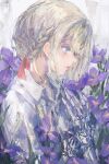  1girl absurdres blonde_hair blue_eyes braid collared_shirt flower from_side hand_up highres huge_filesize mechanical_arms parted_lips profile prosthesis prosthetic_arm purple_flower rsef shirt solo upper_body violet_(flower) violet_evergarden violet_evergarden_(character) white_shirt wing_collar 