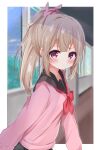  1girl absurdres alternate_hairstyle bunny_hair_ornament hair_ornament highres long_hair looking_at_viewer nagomi_yayado natori_sana ponytail red_eyes sana_channel solo virtual_youtuber 