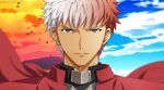  1boy akujiki59 archer_(fate) clouds cloudy_sky dark-skinned_male dark_skin emiya_shirou expressionless face fate/stay_night fate_(series) looking_at_viewer male_focus official_style short_hair sky solo spiky_hair split_theme spoilers sunset transformation white_hair wind 