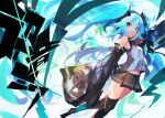  1girl absurdres aqua_eyes aqua_hair armpits bangs bare_shoulders black_legwear black_skirt collared_shirt commentary detached_sleeves dutch_angle grey_shirt hair_between_eyes hair_ornament hatsune_miku headphones highres kaamin_(mariarose753) long_hair looking_at_viewer midriff miniskirt pleated_skirt shirt sidelocks skirt sleeveless sleeves_past_wrists slit_pupils smile solo thigh-highs twintails very_long_hair vocaloid zettai_ryouiki 