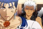  2boys akujiki59 anger_vein angry archer_(fate) blue_hair casual cu_chulainn_(fate) cu_chulainn_(fate/stay_night) dark-skinned_male dark_skin eating fate/stay_night fate_(series) food_in_mouth frown holding holding_knife knife long_hair male_focus multiple_boys official_style ponytail red_eyes short_hair spiky_hair upper_body white_hair 