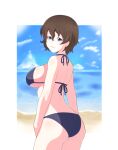  1girl absurdres akaboshi_koume ass back beach bikini black_bikini blue_eyes blue_sky blurry blurry_background breasts brown_hair clouds cloudy_sky commentary cowboy_shot day from_behind girls_und_panzer halterneck highres horizon iteza_(flapper_girl_25) looking_at_viewer looking_back medium_breasts ocean outdoors outside_border parted_lips short_hair sideboob sky smile solo standing swimsuit wavy_hair 