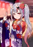  1girl :o blurry blurry_background colored_tips floral_print flower fox_shadow_puppet grey_hair hair_flower hair_ornament highres hololive horns japanese_clothes kanzashi kimono long_hair looking_at_viewer multicolored_hair nakiri_ayame red_eyes redhead side_ponytail solo streaked_hair trap_(drthumt) upper_body virtual_youtuber wide_sleeves 