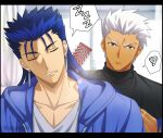  2boys akujiki59 archer_(fate) artist_name black_shirt blue_jacket blurry brush brushing closed_eyes closed_mouth collarbone commentary_request cu_chulainn_(fate) cu_chulainn_(fate/stay_night) earrings fate_(series) grey_shirt holding hood hooded_jacket jacket jewelry lens_flare male_focus mouth_drool multiple_boys official_style parted_lips shirt sleeping spiky_hair spoken_squiggle spoken_zzz squiggle sweatdrop upper_body watermark white_hair zzz 