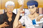  !? 3boys akujiki59 anger_vein apron archer_(fate) black_apron black_shirt blue_hair cu_chulainn_(fate) cu_chulainn_(fate/stay_night) dark-skinned_male dark_skin emiya_shirou fate/stay_night fate_(series) glaring looking_at_another male_cleavage male_focus milk multiple_boys official_style partially_unbuttoned ponytail red_eyes shirt short_hair spiky_hair toned toned_male upper_body white_hair white_shirt wide-eyed 
