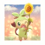  ;d border commentary_request fangs flower full_body gen_8_pokemon grey_eyes grookey highres holding holding_flower kiri_leonotis no_humans one_eye_closed open_mouth pokemon pokemon_(creature) signature smile solo standing sunflower tongue white_border 