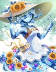  1girl blue_eyes blue_skin colored_skin dress flower hair_flower hair_ornament hat highres looking_at_viewer monster_girl original ribbon slime_girl smile sun_hat sundress sunflower togeshiro_azami water white_dress yellow_ribbon 