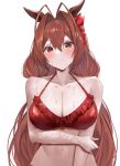  1girl animal_ears antenna_hair bikini bikini_top breasts collarbone daiwa_scarlet_(umamusume) eyebrows_visible_through_hair hair_between_eyes hair_ribbon hatoba_(sarencha) highres horse_ears horse_girl large_breasts looking_at_viewer red_bikini red_eyes red_ribbon redhead ribbon simple_background solo swimsuit twintails umamusume wet white_background 