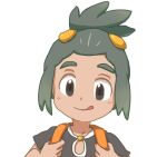  1boy backpack dark_skin green_hair grey_eyes hau_(pokemon) looking_down male simple_background solo tongue_out white_background 