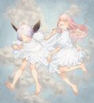  2girls absurdres ahoge angel angel_wings bangs barefoot black_wings blue_hair blunt_bangs blush bomhat closed_eyes clouds dress flying frilled_dress frills full_body highres huge_filesize long_hair multiple_girls open_mouth original parted_bangs pink_hair puffy_short_sleeves puffy_sleeves short_hair short_sleeves skirt_hold sky smile white_dress wings wreath 