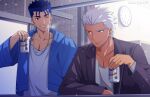  2boys akujiki59 archer_(fate) blue_hair blue_jacket breath can casual clock cu_chulainn_(fate) cu_chulainn_(fate/stay_night) dark-skinned_male dark_skin ear_piercing fate/stay_night fate_(series) grey_jacket holding holding_can jacket jewelry male_cleavage male_focus multiple_boys necklace official_style one_eye_closed pectorals piercing ponytail red_eyes shirt short_hair smile snowing spiky_hair toned toned_male upper_body white_hair white_shirt 