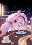  1girl animal_ears azur_lane bangs bell collarbone commentary_request eyebrows_visible_through_hair fake_animal_ears hair_between_eyes hair_ornament hairband head_rest highres laffey_(azur_lane) laffey_(new_year_rabbit)_(azur_lane) long_hair long_sleeves looking_at_viewer low_twintails one_eye_closed rabbit_ears red_eyes sidelocks solo twintails white_hair xiao_shi_lullaby 