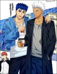  3boys akujiki59 archer_(fate) bangs black_coat black_pants blue_hair blue_jacket blue_pants closed_mouth coat collarbone commentary_request cu_chulainn_(fate) cu_chulainn_(fate/stay_night) cup disposable_cup earrings fate_(series) fingernails grey_shirt hand_in_pocket hand_on_another&#039;s_shoulder holding hood hood_down hooded_jacket jacket jewelry male_focus multiple_boys official_style open_clothes open_jacket open_mouth pants red_eyes redhead shirt spiky_hair tongue upper_teeth white_hair white_shirt zipper_pull_tab 