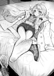  1girl ahoge boots_removed coat commentary_request greyscale highres idolmaster idolmaster_cinderella_girls long_hair long_sleeves lying monochrome on_back on_bed pantyhose perspective scarf shorts solo steam twintails xyh yusa_kozue 