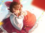  1girl ascot bow brown_footwear brown_hair detached_sleeves frills hair_bow hair_tubes hakurei_reimu japanese_clothes jill_07km miko nontraditional_miko red_bow red_eyes sitting smile solo touhou yellow_neckwear 
