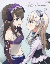  2girls =3 anger_vein bangs bikini bikini_top black_gloves blouse blue_ribbon breasts brown_eyes brown_hair commentary_request dated demon_horns elbow_gloves english_text fake_horns frilled_hairband frilled_sleeves frills from_side frown fume girls_und_panzer girls_und_panzer_senshadou_daisakusen! gloves gothic_lolita hair_ribbon hairband half-closed_eyes halloween halloween_costume halterneck happy_halloween high_collar highres horns korean_commentary light_brown_eyes light_brown_hair lolita_fashion long_hair long_sleeves looking_at_another medium_breasts mika_(girls_und_panzer) multiple_girls navel one_side_up open_mouth purple_skirt ribbon see-through shimada_arisu skirt sweatdrop swimsuit tearing_up veil white_blouse yu_arin 