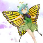  1girl absurdres antennae aqua_hair bangs butterfly_wings dress eternity_larva eyebrows_behind_hair feet_out_of_frame green_dress highres jemen leaf leaf_on_head light_particles looking_at_viewer open_mouth outstretched_arms short_hair sleeveless sleeveless_dress solo touhou wings yellow_eyes 