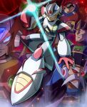  5boys agile_(mega_man) android arm_cannon armor beard black_headwear blonde_hair blue_eyes clenched_teeth closed_mouth commentary_request facial_hair fangs full_body gloves glowing green_eyes grey_hair grin hand_up hat helmet highres hoshi_mikan looking_at_viewer male_focus mega_man_(series) mega_man_x2 mega_man_x_(character) mega_man_x_(series) multiple_boys mustache old old_man red_eyes red_gloves red_headwear robot_ears serges_(mega_man) serious shoulder_armor smile spikes teeth violen_(mega_man) weapon white_headwear zero_(mega_man) 